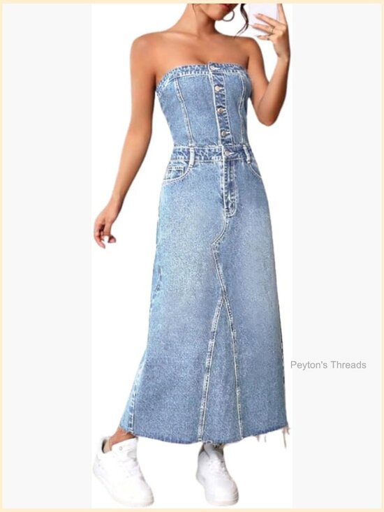 Dresses & Skirts - Strapless Denim Tube Dress Back Smocked Midi Slim Fit A-Line Sleeveless Party